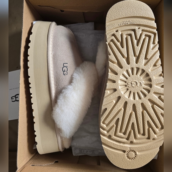 UGG Beige Fluffy Platform Slippers - Picture 2 of 5